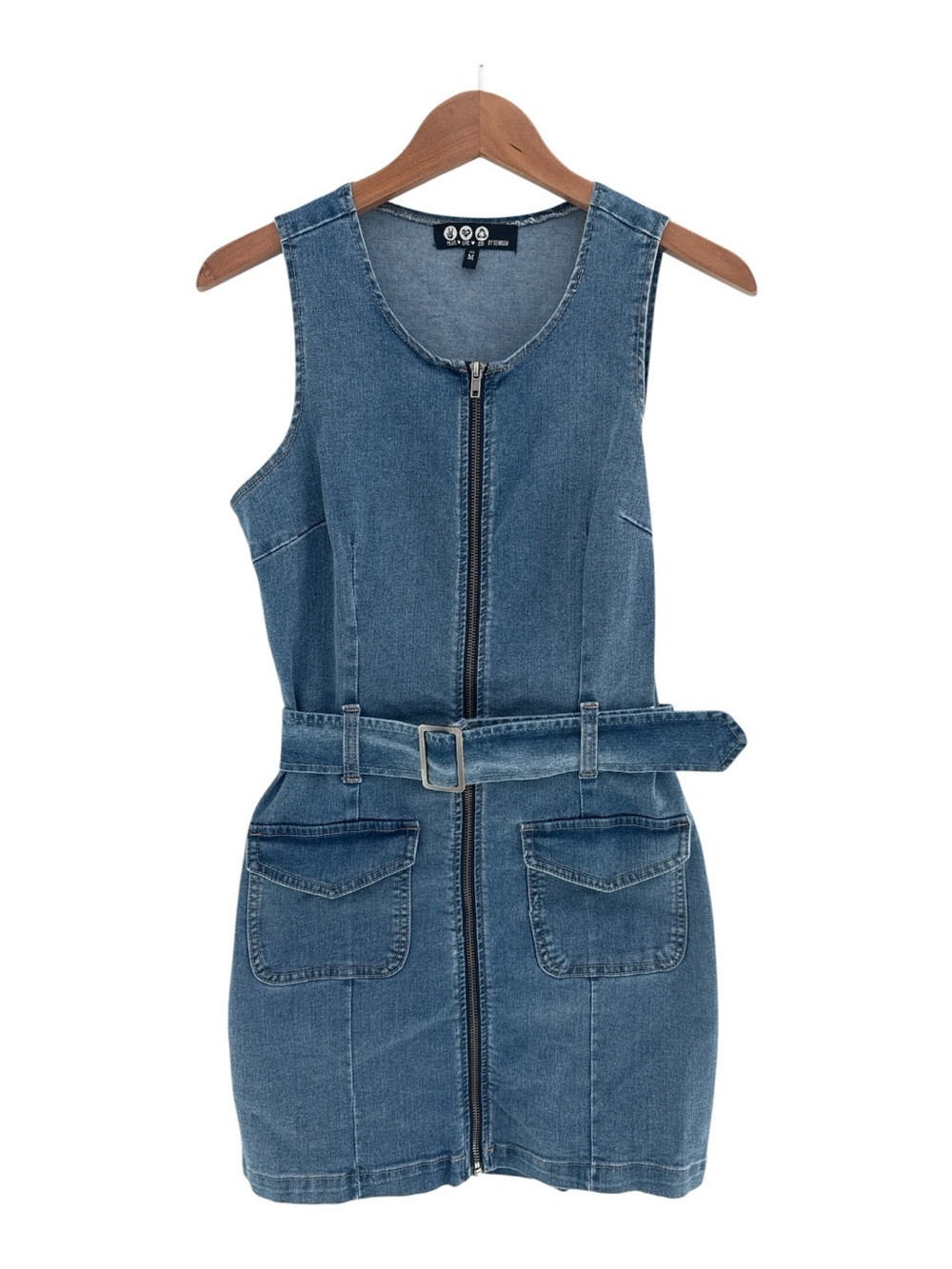 Rewash Sleeveless Denim Zip Dress with Belt - Blue